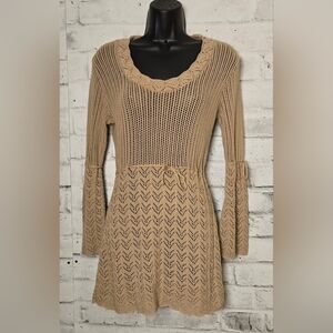 Le Château Tan Crochet Knit Sweater Dress Tunic Size Large Boho Chic